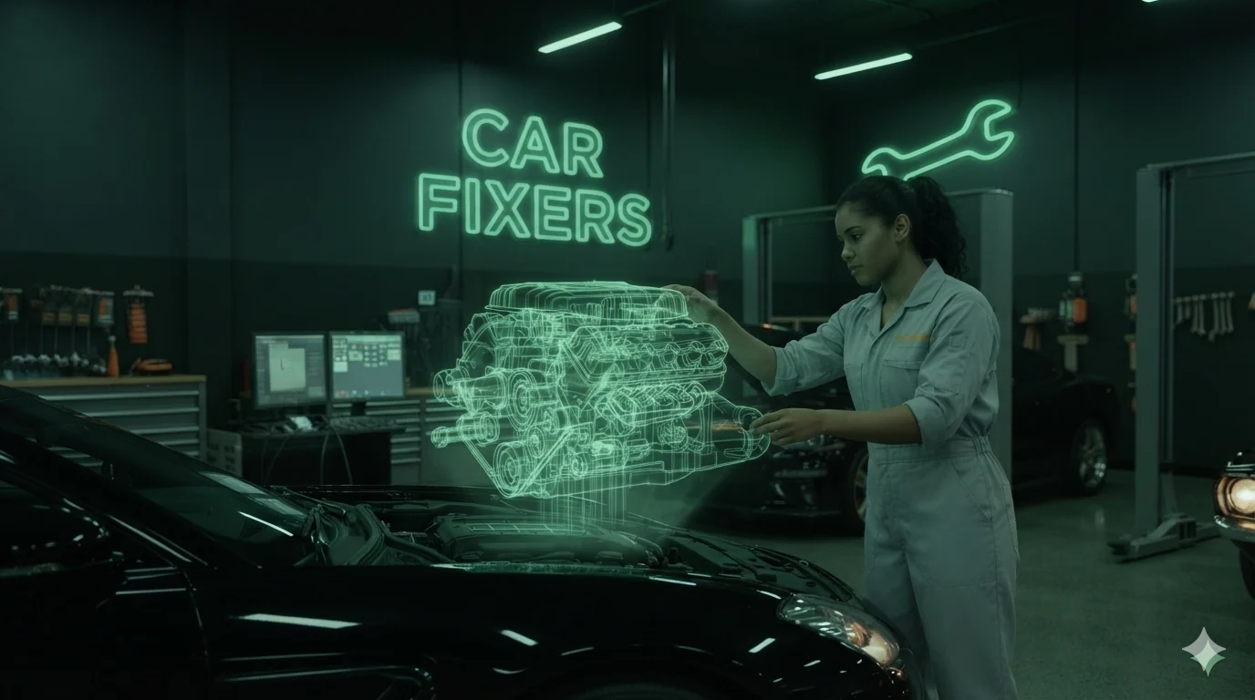 A Car Fixers technician inspecting a holographic engine diagnostic