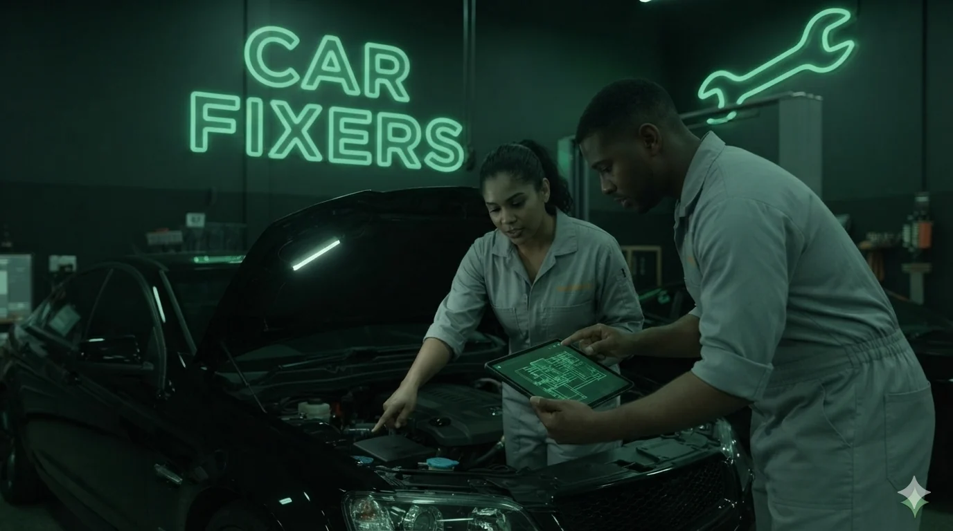 Two Car Fixers technicians working under the bonnet of a car